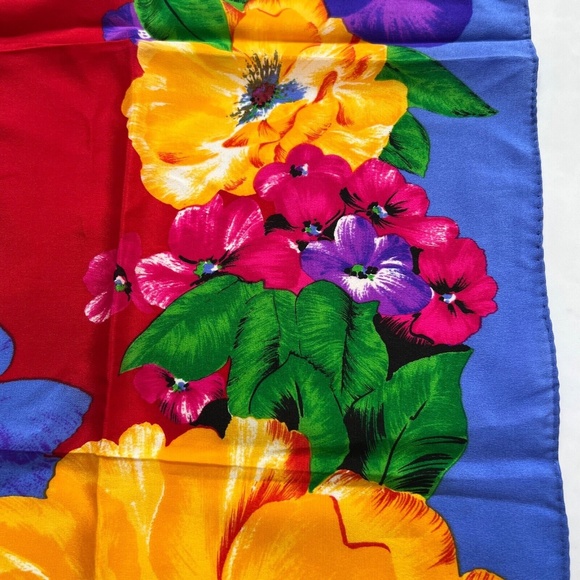Liz Claiborne Scarf 100% Silk Square Multi Color Large Flowers Floral Japan 30" - Picture 5 of 7